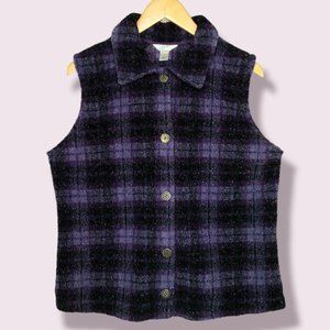 Vintage CJ Banks Teddy Button Front Vest Size X 14W Plaid Purple Black